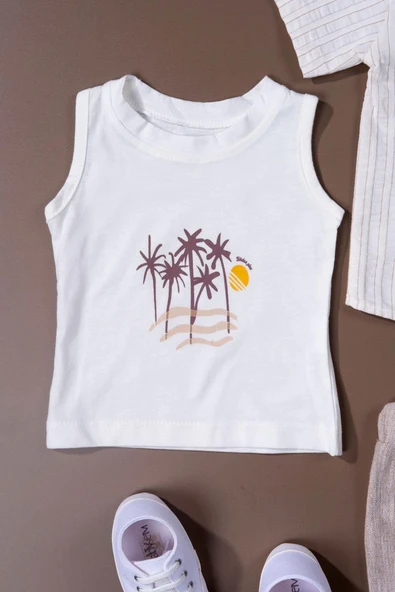 Çizgili  Müslin Palmiyeli 3'lü Erkek Bebek Yazlık Takım Kahverengi - Resim 4