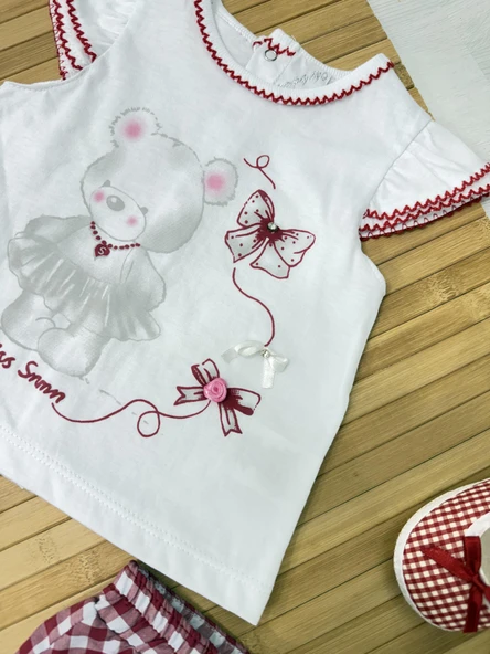 Ekose Şortlu Ayı Baskılı Kız Bebek Takımı Kırmızı - Resim 3