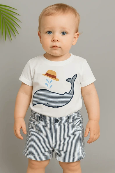 Balina Desenli Çizgili Şortlu Erkek Çocuk Takımı Lacivert ürün görseli 1