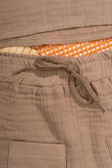 Unisex Bonjour Nakışlı Müslin 2'li Yazlık Bebek Takımı Kahverengi - Resim 4