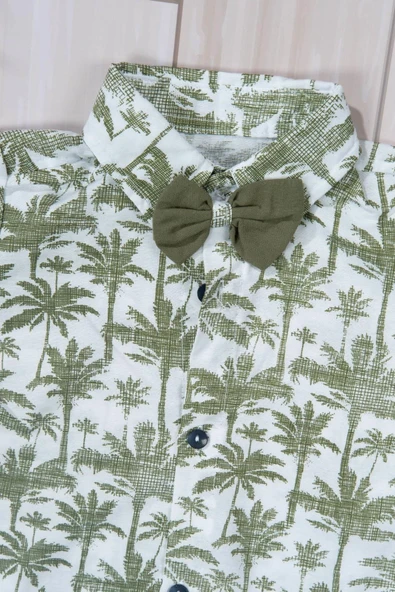 Tropikal Desenli Papyonlu Gömlek ve Şort Erkek Takımı Yazlık 2'li Kombin Yeşil - 3