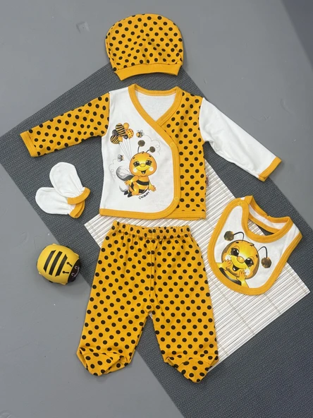 Unisex 5'li Arı Desenli Zıbın Takımı Sarı