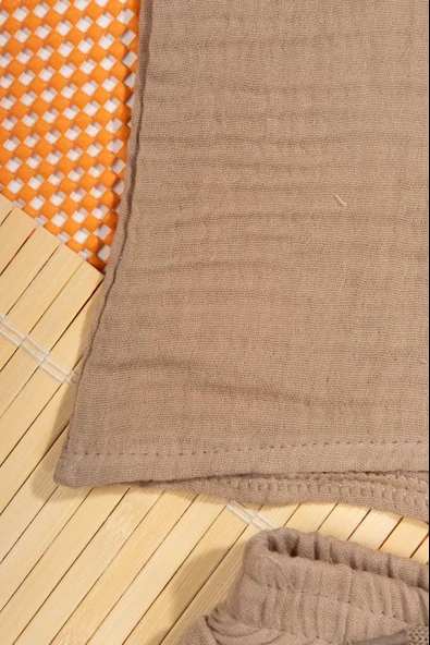 Unisex Bonjour Nakışlı Müslin 2'li Yazlık Bebek Takımı Kahverengi - Resim 5