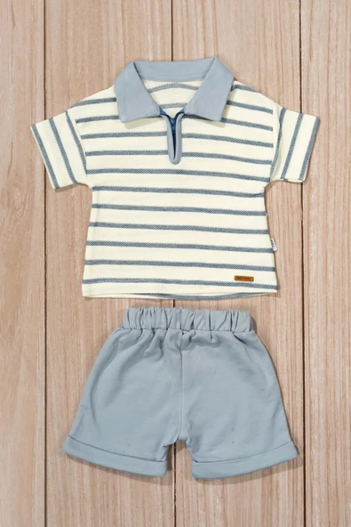 Çizgili Polo Yaka Şortlu Yazlık Erkek Takım Mavi - Resim 2