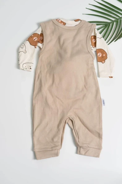 Ayıcık Aksesuarlı Çıtçıtlı Erkek Bebek Tulum Takımı Bej - 2