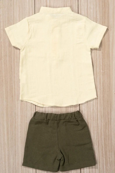 Keten Hakim Yaka Yarım Pantalon Gömlekli 2'li Yazlık Erkek Takım Haki - Resim 3