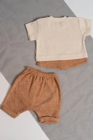 Ayıcıklı Gömlek Detaylı Şortlu Takım Kahverengi - 2
