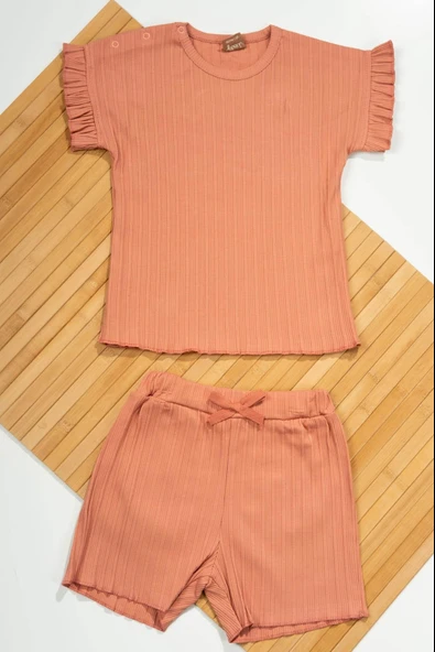 Ribana Dokulu Fırfır Kollu Şortlu Kız Takımı Gül Kurusu ürün görseli 1