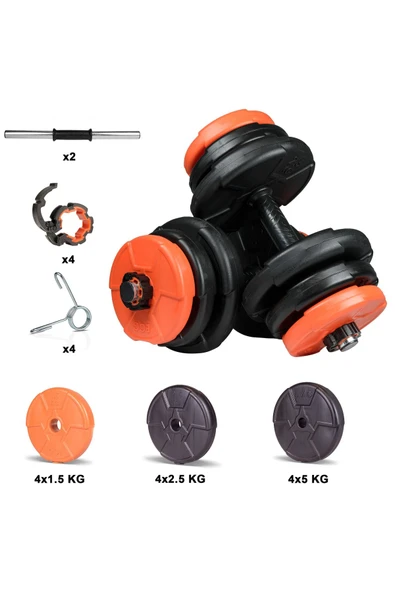 36 Kg Turuncu Siyah Plaka Dambıl Seti | 7'li Modüler Ağırlık Sistemi – 2 Yıl Garantili