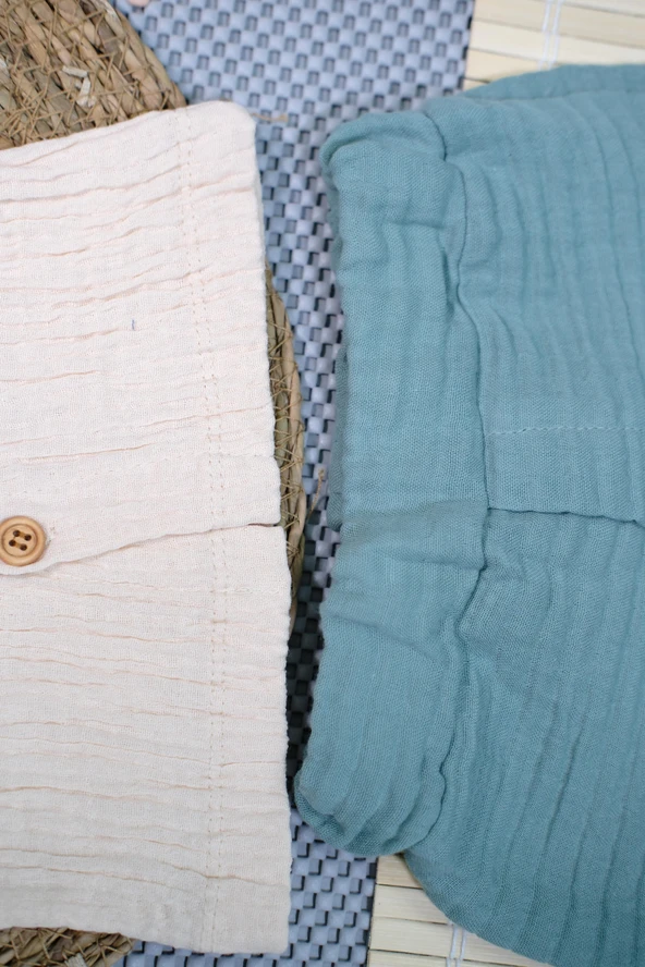 Müslin Ayıcıklı 2'li Erkek Şortlu Takım Bej Yeşil - Resim 5