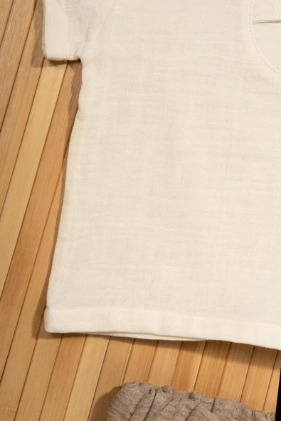 Düğme Detaylı Müslin Erkek Bebek 2'li Yazlık Takım Bej & Kahve - 5