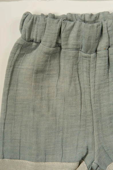 Düğme Detaylı Müslin Erkek Bebek 2'li Yazlık Takım Bej & Turkuaz - Resim 5