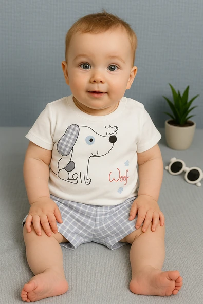 Köpek Baskılı Beyaz Tişört ve Gri Ekoseli Şort Takımı Gri ürün görseli 1