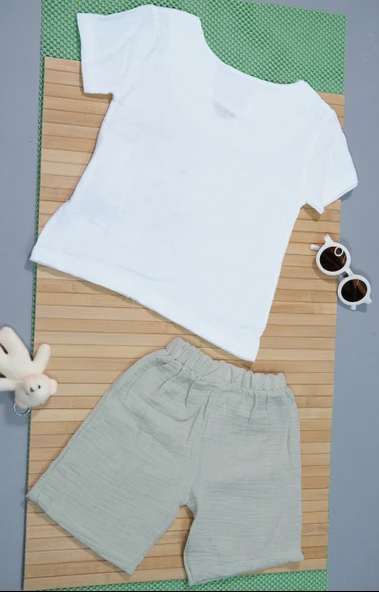 Palmiye Desenli Kısa Kollu Şortlu Takım Haki - Resim 4