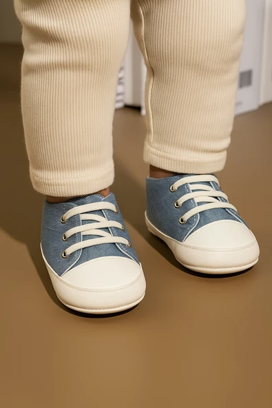 Kot Görünümlü Bağcıklı Bebek İlk Adım Ayakkabısı Mavi ürün görseli