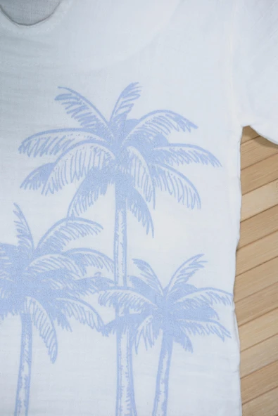 Palmiye Desenli Kısa Kollu Şortlu Takım Mavi - Resim 5