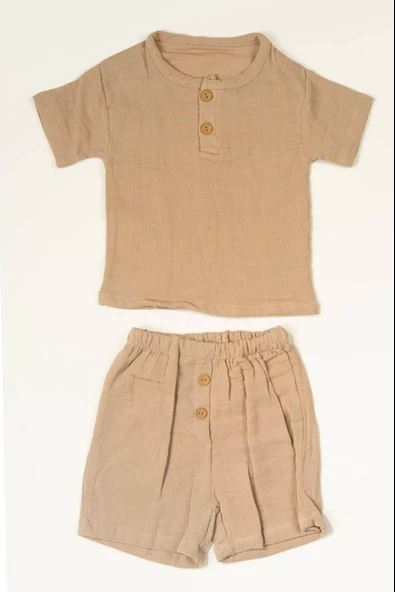 Düğme Detaylı 2'li Erkek Bebek Yazlık Takım Müslin Kahverengi - Resim 2