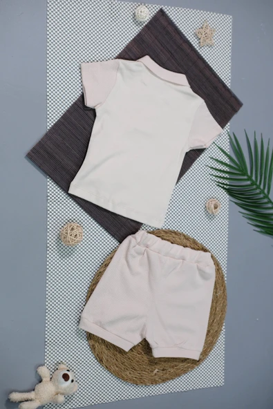 Bisikletli Ayıcık Desenli Polo Yaka Tişört ve Şort Takımı Bej - Resim 2