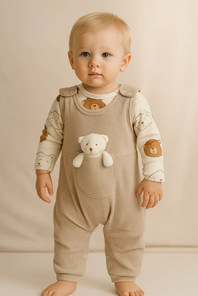 Ayıcık Aksesuarlı Çıtçıtlı Erkek Bebek Tulum Takımı Bej - 1