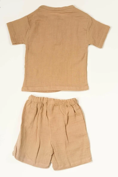 Düğme Detaylı 2'li Erkek Bebek Yazlık Takım Müslin Kahverengi - Resim 3