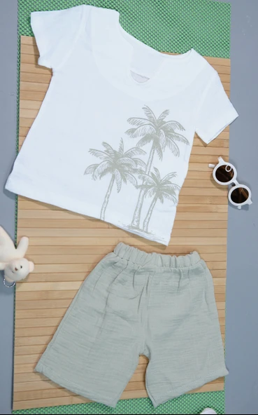 Palmiye Desenli Kısa Kollu Şortlu Takım Haki - Resim 3