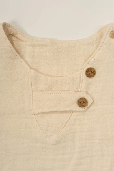 Düğme Detaylı Müslin Erkek Bebek 2'li Yazlık Takım Bej & Turkuaz - Resim 4