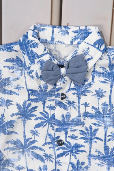 Tropikal Desenli Papyonlu Gömlek ve Şort Erkek Takımı Yazlık 2'li Kombin Mavi - 3