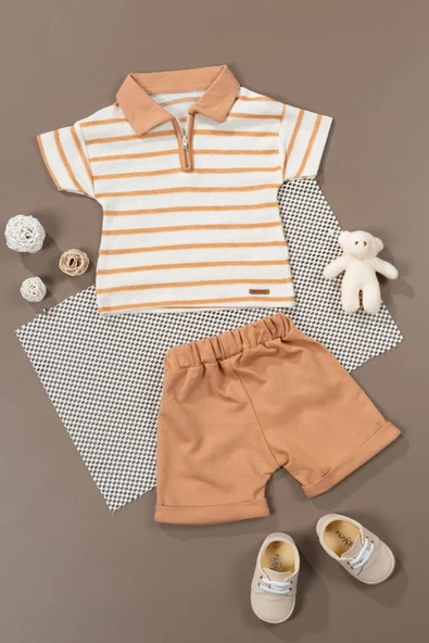 Çizgili Polo Yaka Şortlu Yazlık Erkek Takım Tarçın - Resim 2