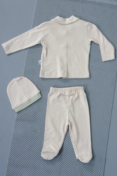 Unisex Papyon Detaylı Şapkalı Bebek Tulum Zıbın Krem Üzerine Parçalı Yeşil - 4