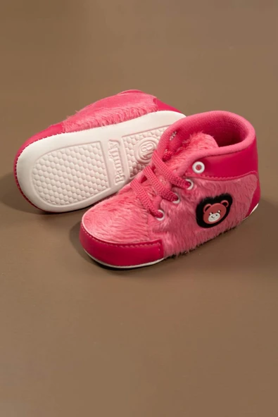 Pembe Peluş Dokulu Ayıcık Aplikeli Kız Bebek İlk Adım Ayakkabısı Koyu Pembe - 5