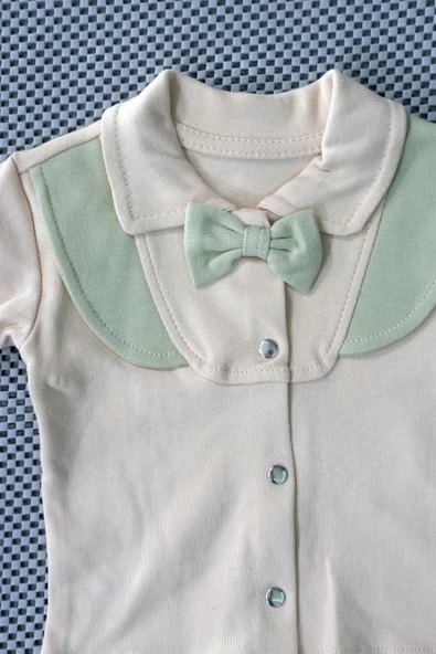 Unisex Papyon Detaylı Şapkalı Bebek Tulum Zıbın Krem Üzerine Parçalı Yeşil - 5