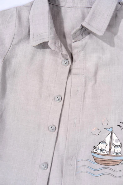 Denizci Temalı 3'lü Takım Gömlek Baskılı Tişört ve Şort Yazlık Kombin Gri - 6