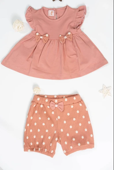 Puantiyeli Papyonlu Kısa Kollu Şortlu Takım Kiremit ürün görseli