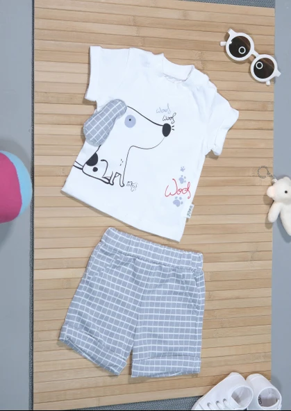 Köpek Baskılı Beyaz Tişört ve Gri Ekoseli Şort Takımı Gri - Resim 3