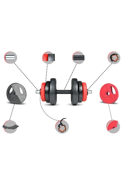 Spor Yıldız Serisi 22 Kg Multifonksiyonel Kırmızı Siyah Halter Seti Ve Dambıl Seti - 5