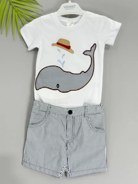 Balina Desenli Çizgili Şortlu Erkek Çocuk Takımı Lacivert - Resim 3