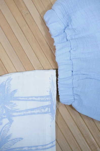 Palmiye Desenli Kısa Kollu Şortlu Takım Mavi - Resim 7