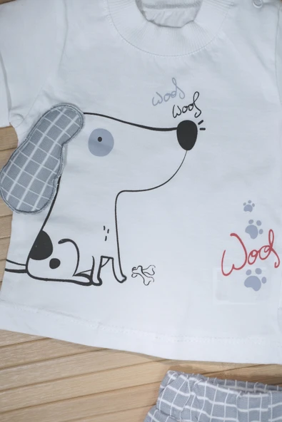 Köpek Baskılı Beyaz Tişört ve Gri Ekoseli Şort Takımı Gri - Resim 5
