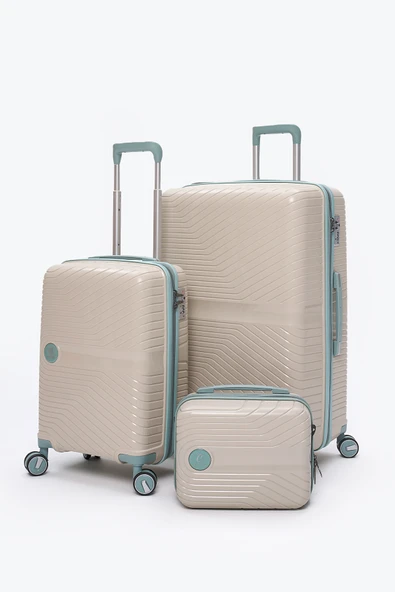 Elatae Exclusive Pro Polipropilen Kırılmaz 3'lü Valiz Seti Büyük - Kabin Boy ve Makyaj Çantası Bej - Mavi 5239 ürün görseli