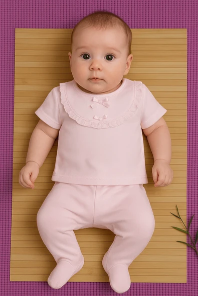 Kız Bebek Pudra Renkli 2'li Dantel Yakalı Takım Kısa Kollu Üst ve Patikli Alt Pudra