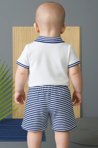Çizgili Kısa Kollu Şortlu Takım Lacivert-Beyaz - Resim 2