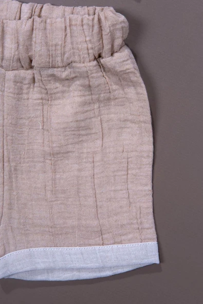 Düğme Detaylı Müslin Erkek Bebek 2'li Yazlık Takım Bej - Resim 3