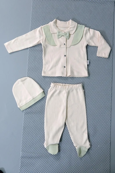 Unisex Papyon Detaylı Şapkalı Bebek Tulum Zıbın Krem Üzerine Parçalı Yeşil