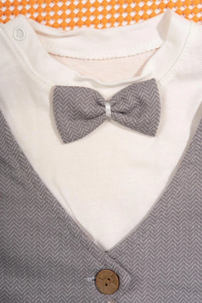 Zigzag Desenli Papyonlu Şık Yelek Detaylı 2'li Bebek Takımı Gri - Resim 5