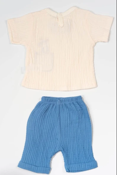 Papyonlu Nakış Detaylı 2'li Müslin Erkek Bebek Takımı Mavi - Resim 3