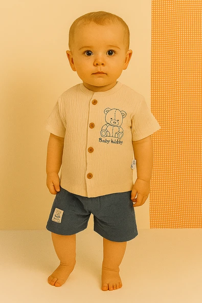 Müslin Ayıcıklı 2'li Erkek Takım  Bej Lacivert ürün görseli