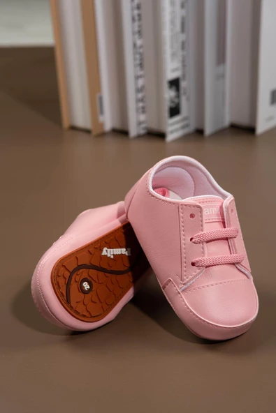 İlk Adım Ayakkabısı Yumuşak Tabanlı Bağcıklı Kız Bebek Ayakkabısı Pudra Pembe - 4