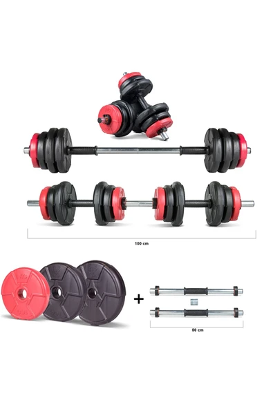 Spor 22 Kg Multifonksiyonel Kırmızı Siyah Halter Seti Ve Dambıl Seti