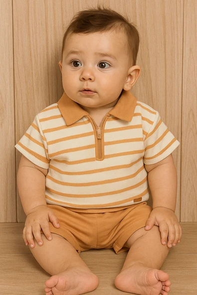 Çizgili Polo Yaka Şortlu Yazlık Erkek Takım Tarçın ürün görseli 1