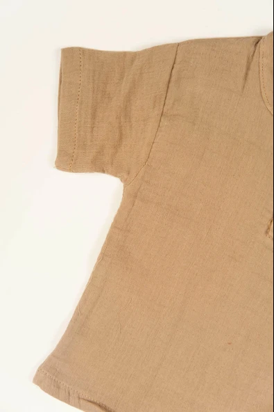 Düğme Detaylı 2'li Erkek Bebek Yazlık Takım Müslin Kahverengi - Resim 5